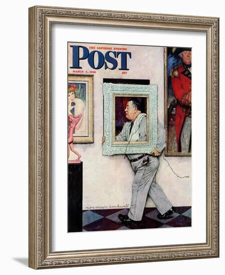 "Picture Hanger" or "Museum Worker" Saturday Evening Post Cover, March 2,1946-Norman Rockwell-Framed Giclee Print