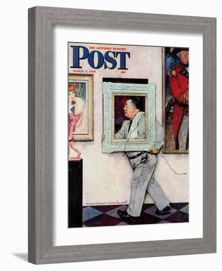 "Picture Hanger" or "Museum Worker" Saturday Evening Post Cover, March 2,1946-Norman Rockwell-Framed Giclee Print