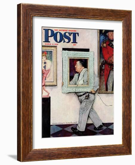 "Picture Hanger" or "Museum Worker" Saturday Evening Post Cover, March 2,1946-Norman Rockwell-Framed Giclee Print