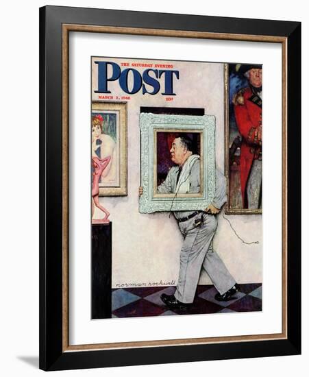 "Picture Hanger" or "Museum Worker" Saturday Evening Post Cover, March 2,1946-Norman Rockwell-Framed Giclee Print