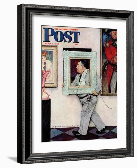 "Picture Hanger" or "Museum Worker" Saturday Evening Post Cover, March 2,1946-Norman Rockwell-Framed Giclee Print