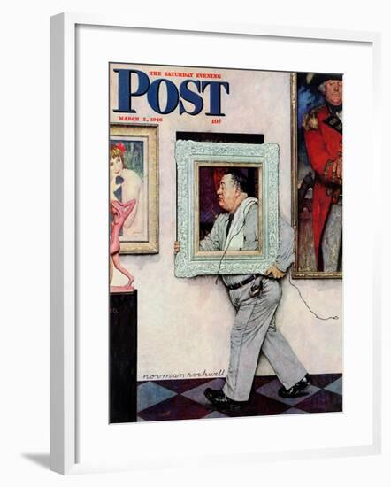 "Picture Hanger" or "Museum Worker" Saturday Evening Post Cover, March 2,1946-Norman Rockwell-Framed Giclee Print