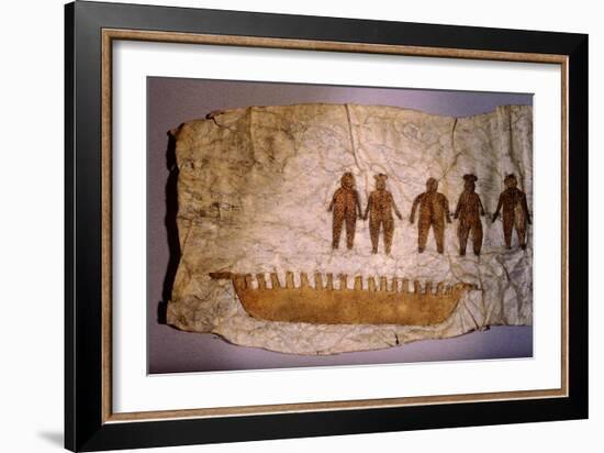 Picture made from seal gut skin with sewn on male and female figures with a umiaq (women's boat)-Werner Forman-Framed Giclee Print