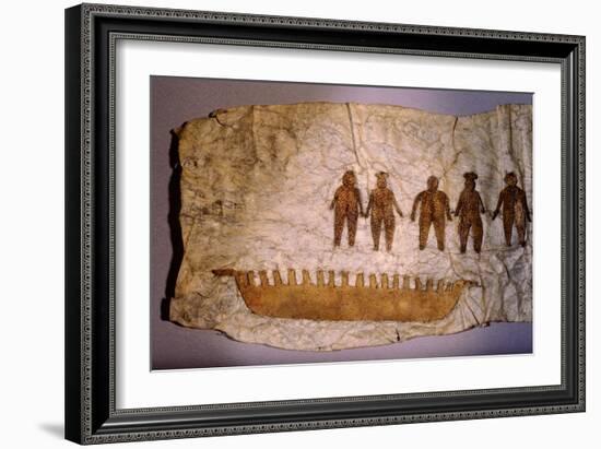 Picture made from seal gut skin with sewn on male and female figures with a umiaq (women's boat)-Werner Forman-Framed Giclee Print