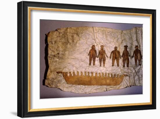 Picture made from seal gut skin with sewn on male and female figures with a umiaq (women's boat)-Werner Forman-Framed Giclee Print