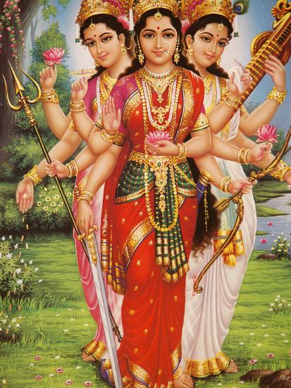 Picture of Hindu Goddesses Parvati, Lakshmi and Saraswati, India, Asia ...