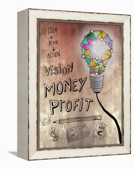 Picture Of Huge Mosaic Light Bulb On Brown Wall Next To Written Down Business Plan-Wavebreak Media Ltd-Framed Stretched Canvas