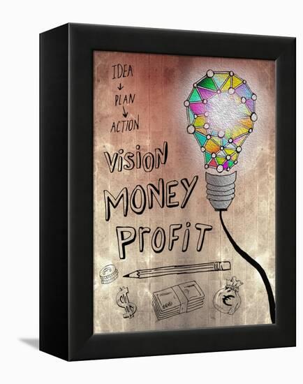 Picture Of Huge Mosaic Light Bulb On Brown Wall Next To Written Down Business Plan-Wavebreak Media Ltd-Framed Stretched Canvas