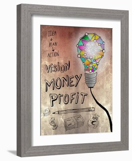 Picture Of Huge Mosaic Light Bulb On Brown Wall Next To Written Down Business Plan-Wavebreak Media Ltd-Framed Art Print