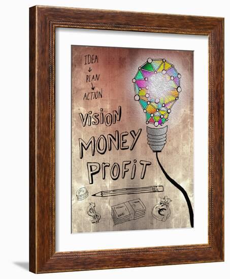 Picture Of Huge Mosaic Light Bulb On Brown Wall Next To Written Down Business Plan-Wavebreak Media Ltd-Framed Art Print