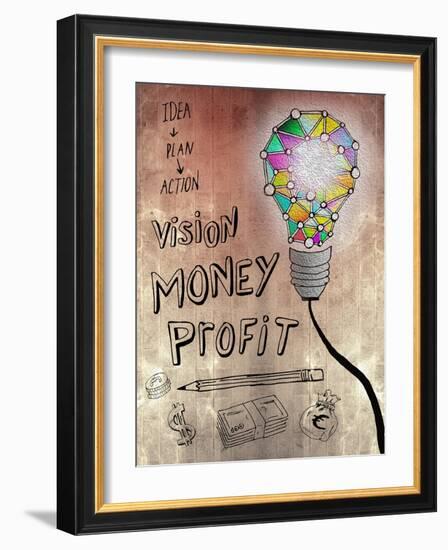 Picture Of Huge Mosaic Light Bulb On Brown Wall Next To Written Down Business Plan-Wavebreak Media Ltd-Framed Art Print