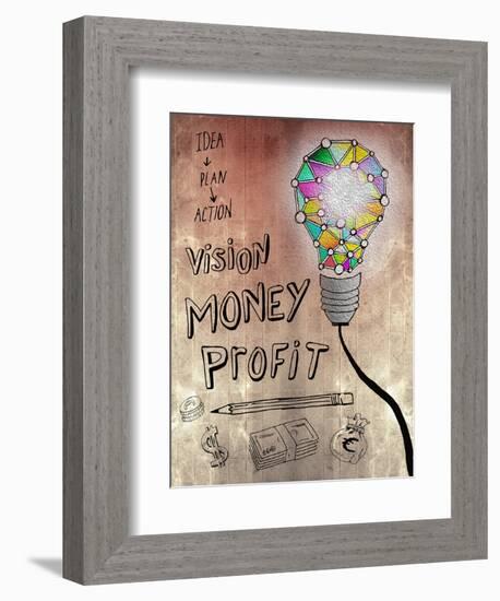 Picture Of Huge Mosaic Light Bulb On Brown Wall Next To Written Down Business Plan-Wavebreak Media Ltd-Framed Premium Giclee Print