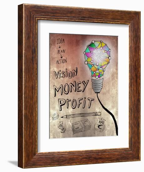 Picture Of Huge Mosaic Light Bulb On Brown Wall Next To Written Down Business Plan-Wavebreak Media Ltd-Framed Premium Giclee Print