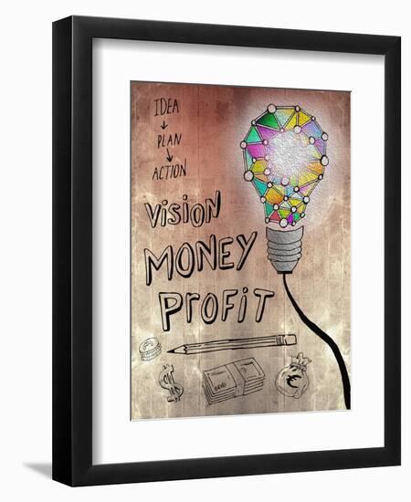 Picture Of Huge Mosaic Light Bulb On Brown Wall Next To Written Down Business Plan-Wavebreak Media Ltd-Framed Premium Giclee Print