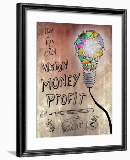 Picture Of Huge Mosaic Light Bulb On Brown Wall Next To Written Down Business Plan-Wavebreak Media Ltd-Framed Art Print