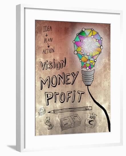 Picture Of Huge Mosaic Light Bulb On Brown Wall Next To Written Down Business Plan-Wavebreak Media Ltd-Framed Art Print