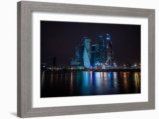 Picturesque Night View of the Moscow City across the River Moscow with Reflection in Water,-siete_vidas-Framed Photographic Print