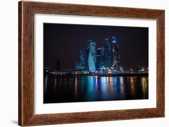 Picturesque Night View of the Moscow City across the River Moscow with Reflection in Water,-siete_vidas-Framed Photographic Print