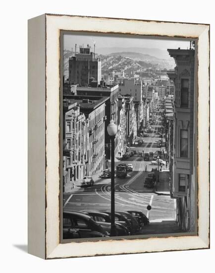 Picturesque View of Cable Car Coming Up the Hill in Light Auto Traffic-Andreas Feininger-Framed Premier Image Canvas