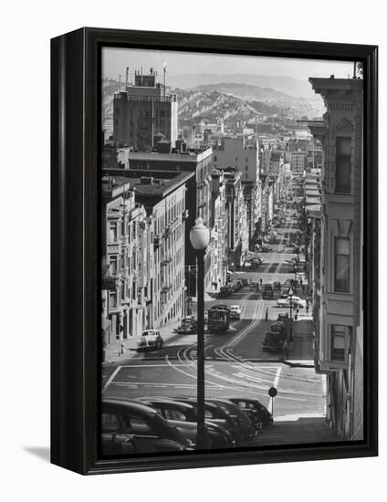Picturesque View of Cable Car Coming Up the Hill in Light Auto Traffic-Andreas Feininger-Framed Premier Image Canvas