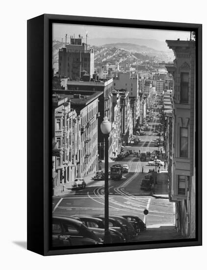 Picturesque View of Cable Car Coming Up the Hill in Light Auto Traffic-Andreas Feininger-Framed Premier Image Canvas