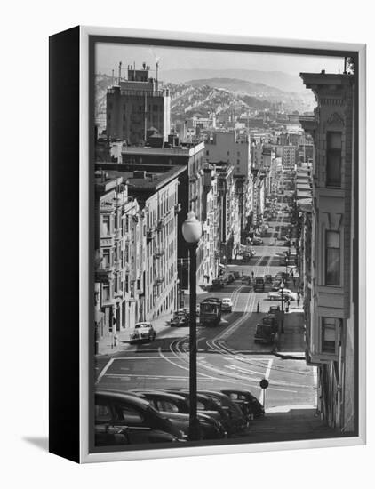 Picturesque View of Cable Car Coming Up the Hill in Light Auto Traffic-Andreas Feininger-Framed Premier Image Canvas