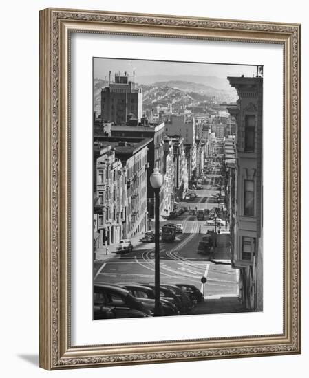 Picturesque View of Cable Car Coming Up the Hill in Light Auto Traffic-Andreas Feininger-Framed Photographic Print