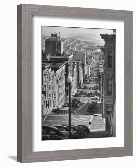 Picturesque View of Cable Car Coming Up the Hill in Light Auto Traffic-Andreas Feininger-Framed Photographic Print