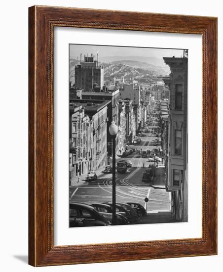 Picturesque View of Cable Car Coming Up the Hill in Light Auto Traffic-Andreas Feininger-Framed Photographic Print