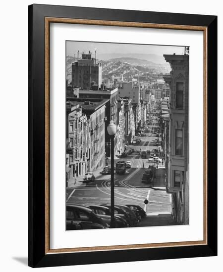 Picturesque View of Cable Car Coming Up the Hill in Light Auto Traffic-Andreas Feininger-Framed Photographic Print