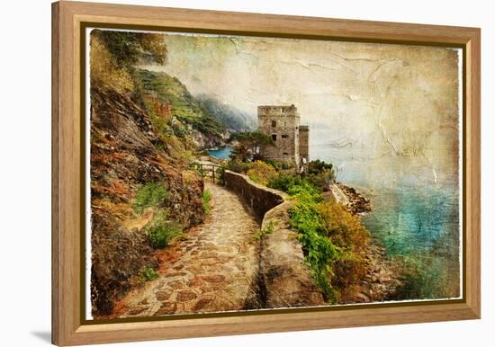 Picturesue Italian Coast - Artwork In Retro Painting Style-Maugli-l-Framed Stretched Canvas