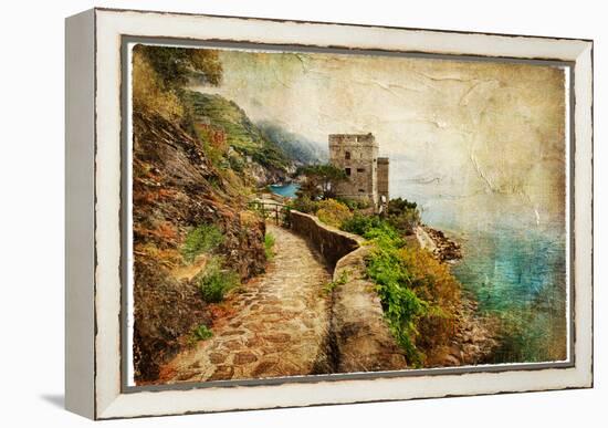 Picturesue Italian Coast - Artwork In Retro Painting Style-Maugli-l-Framed Stretched Canvas