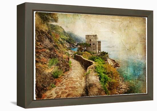 Picturesue Italian Coast - Artwork In Retro Painting Style-Maugli-l-Framed Stretched Canvas