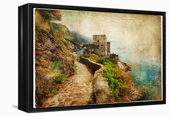 Picturesue Italian Coast - Artwork In Retro Painting Style-Maugli-l-Framed Stretched Canvas