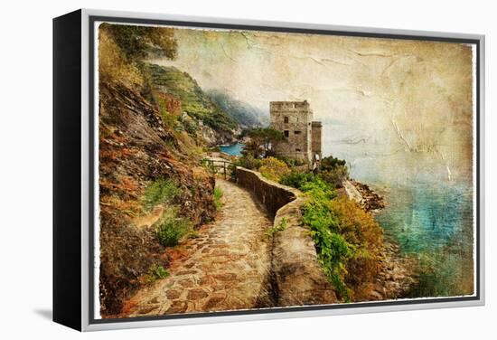 Picturesue Italian Coast - Artwork In Retro Painting Style-Maugli-l-Framed Stretched Canvas