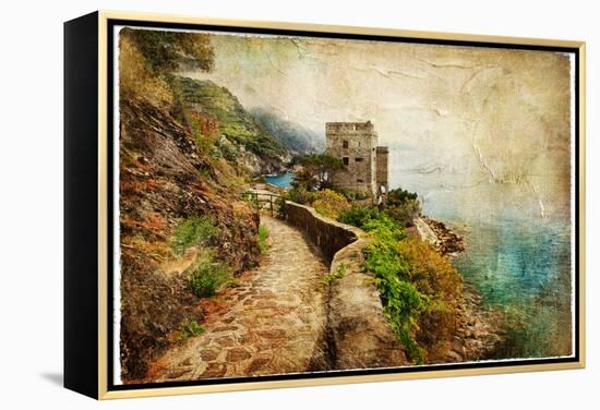 Picturesue Italian Coast - Artwork In Retro Painting Style-Maugli-l-Framed Stretched Canvas