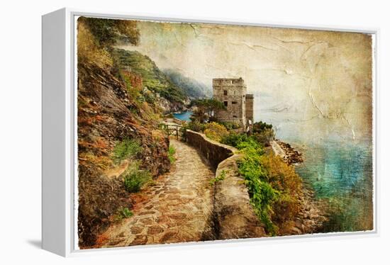 Picturesue Italian Coast - Artwork In Retro Painting Style-Maugli-l-Framed Stretched Canvas