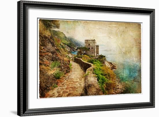 Picturesue Italian Coast - Artwork In Retro Painting Style-Maugli-l-Framed Premium Giclee Print