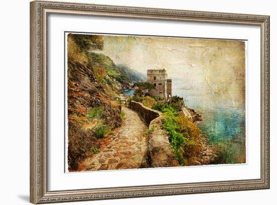 Picturesue Italian Coast - Artwork In Retro Painting Style-Maugli-l-Framed Premium Giclee Print