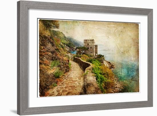 Picturesue Italian Coast - Artwork In Retro Painting Style-Maugli-l-Framed Premium Giclee Print