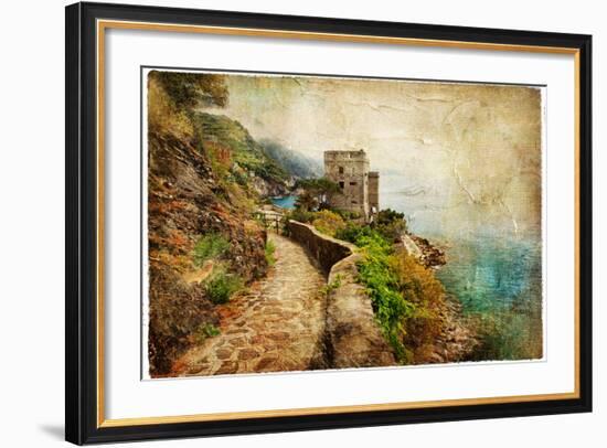 Picturesue Italian Coast - Artwork In Retro Painting Style-Maugli-l-Framed Premium Giclee Print