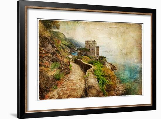 Picturesue Italian Coast - Artwork In Retro Painting Style-Maugli-l-Framed Art Print