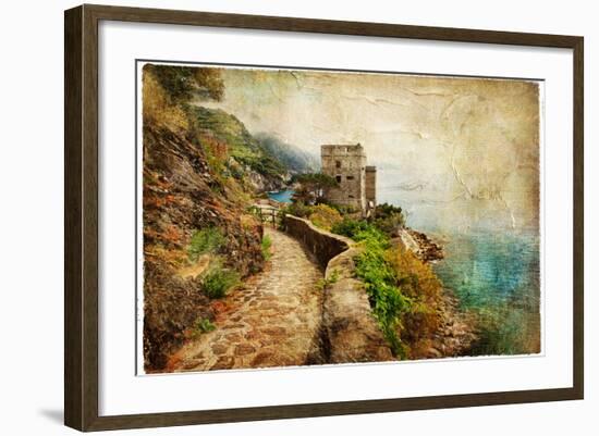 Picturesue Italian Coast - Artwork In Retro Painting Style-Maugli-l-Framed Art Print