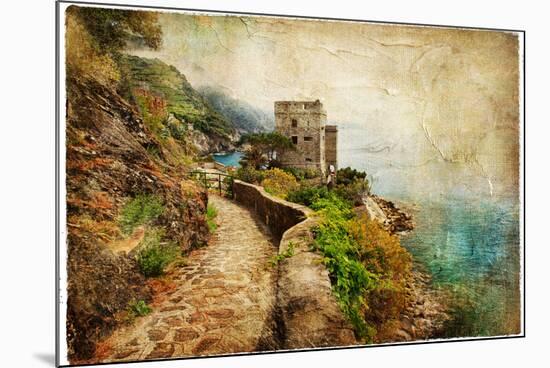 Picturesue Italian Coast - Artwork In Retro Painting Style-Maugli-l-Mounted Art Print