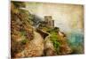 Picturesue Italian Coast - Artwork In Retro Painting Style-Maugli-l-Mounted Art Print