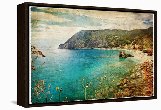 Picturesue Italian Coast - Artwork In Retro Painting Style-Maugli-l-Framed Stretched Canvas