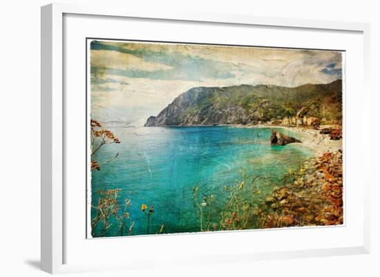 Picturesue Italian Coast - Artwork In Retro Painting Style-Maugli-l-Framed Premium Giclee Print