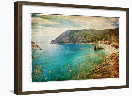 Picturesue Italian Coast - Artwork In Retro Painting Style-Maugli-l-Framed Art Print