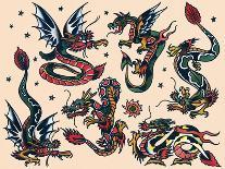 Three Masted Ship & Sea Dragons, Vintage Tattoo Flash by Norman Collins, aka, Sailor Jerry-Piddix-Art Print