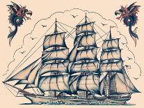 Three Masted Ship & Sea Dragons, Vintage Tattoo Flash by Norman Collins, aka, Sailor Jerry-Piddix-Art Print